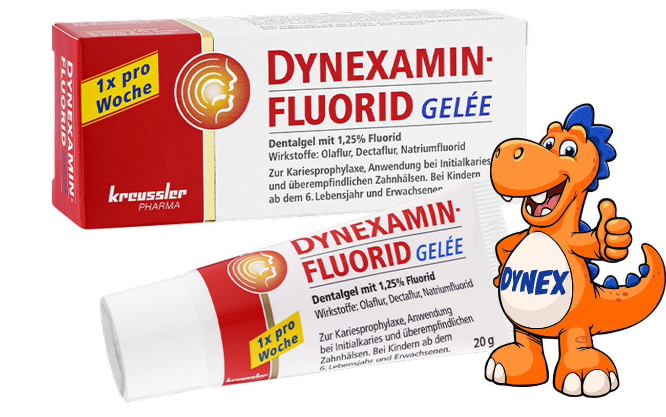 Produktabbildung Dynexaminfluorid Gelée mit lachendem Maskottchen Comic Dynex Dinosaurier